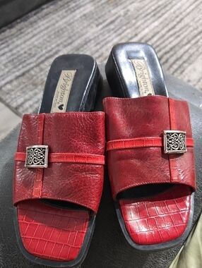 Brighton Beth Red Leather Slide Mules with Decorative Buckles, Size 7